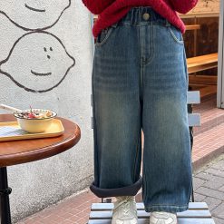 9146 กางเกงยีนส์กันหนาวทรงขาตรงสีเข้ม เด็ก