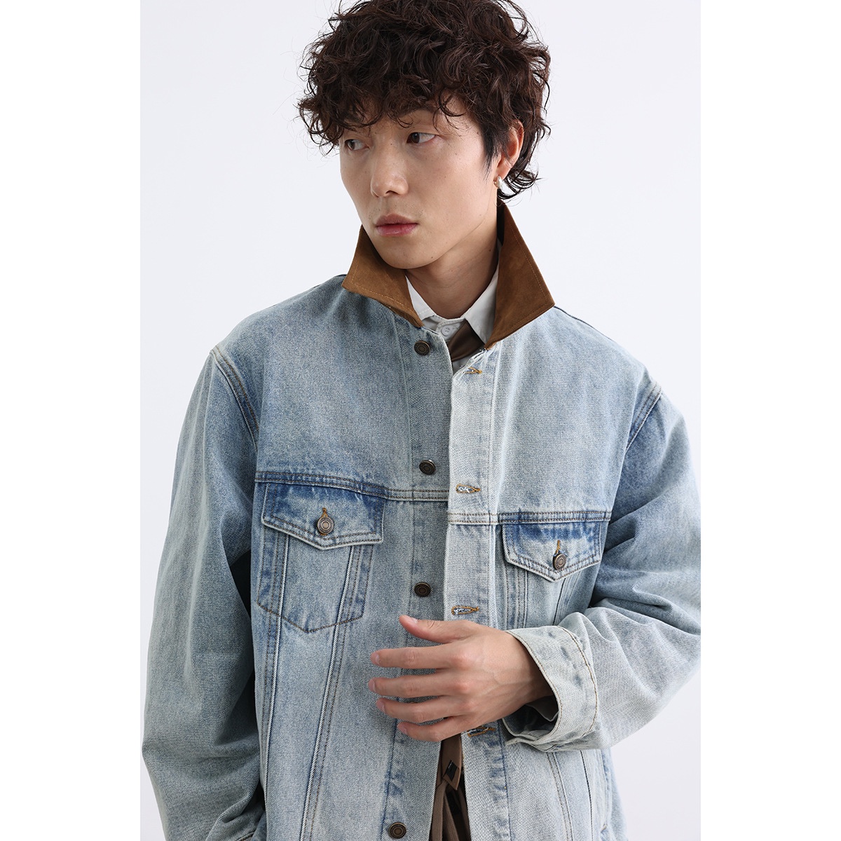 1453 Brown Collar Denim Jacket 2