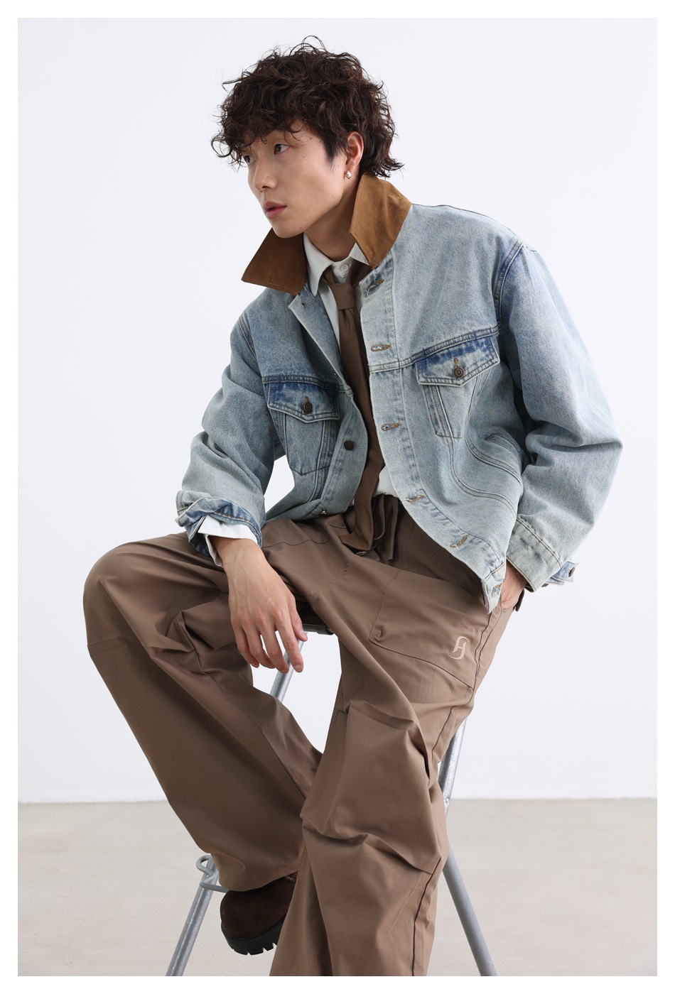 1453 Brown Collar Denim Jacket